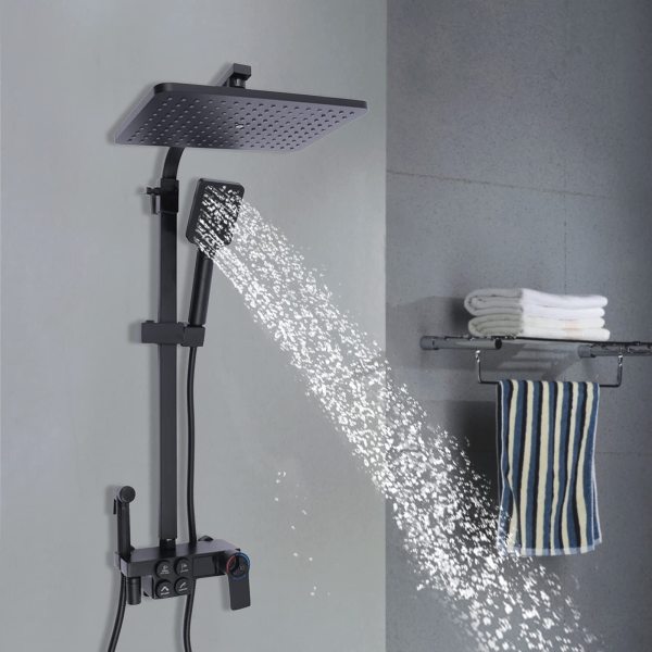 Duschsystem Schwarz mit Thermostat Mischer Regendusche Quadratisch Duscharmatur Duschset Wandmontage mit Verstallbar Duschstange