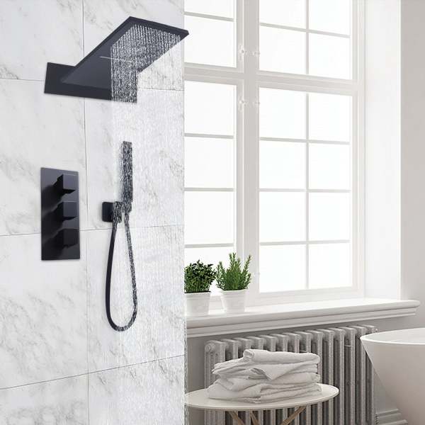 Unterputz-Brausearmaturenset Schwarz Thermostat-Brausesystem Regenbrause-Set mit Duschkopf Handbrause für Badewannen