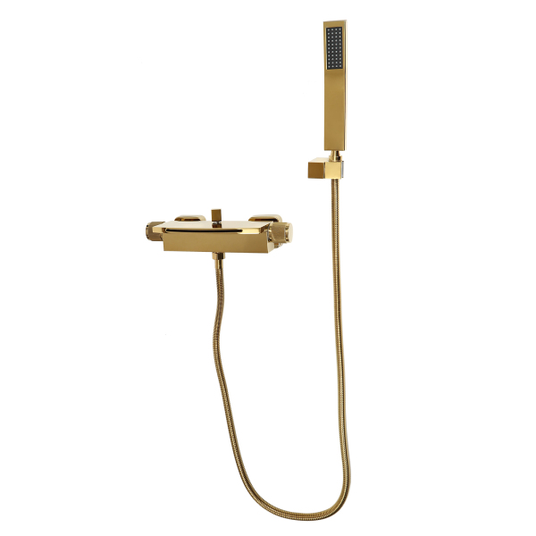 Badewannenarmatur mit Handbrause, Brauseschlauch und Brausehalterung, Wasserfall-Wandmischbatterie (Gold)